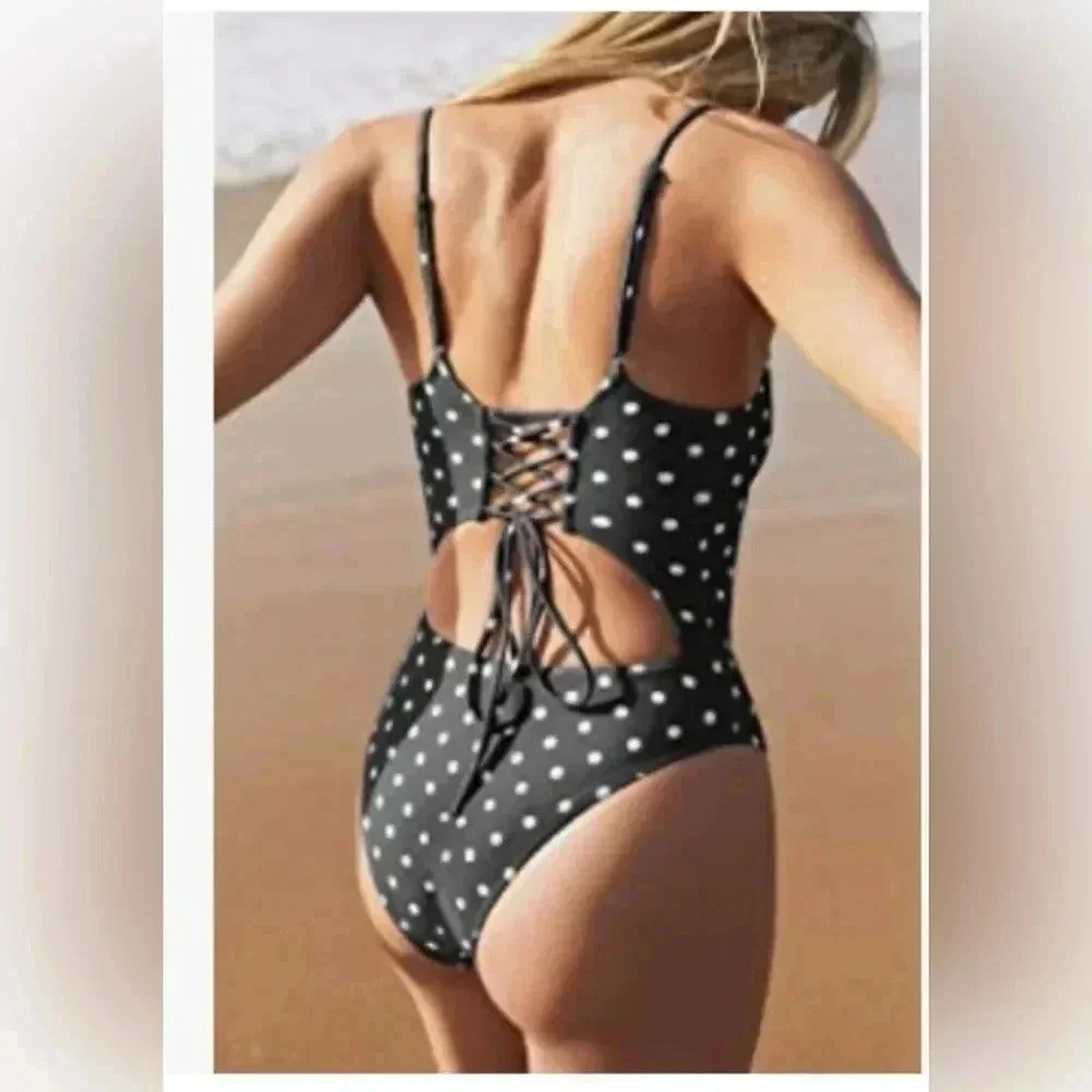 Womens Scoop Neck Cut Out Front Lace Up Back High Cut One Piece …